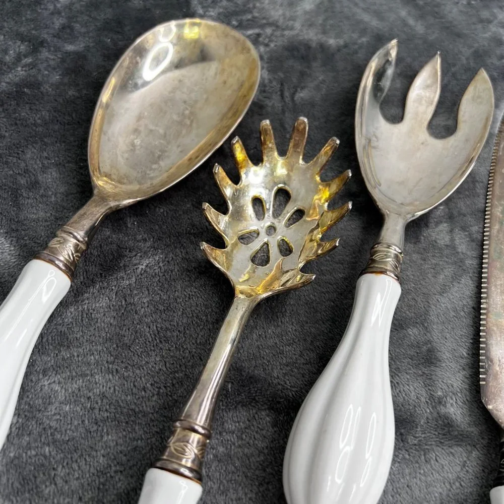 Godinger Silver Plated Serving Set White Porcelain 5 pc Cake Serve Slotted Spoon